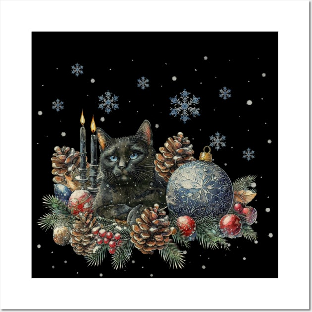 Christmas composition and Black cat, winter scene, snow, holidays, cat in snow, cat in winter, cat lovers Wall Art by Collagedream